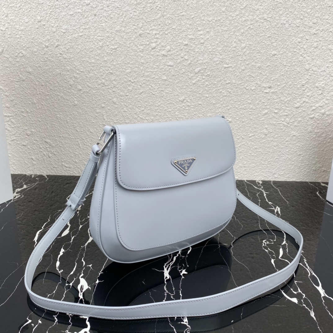 Prada Cleo Brushed Leather Shoulder Bag With Flap Zephyr Blue 1BD303